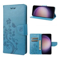 Per Samsung Galaxy S23+ 5G Custodia per cellulare in pelle con motivo floreale a farfalla (blu)