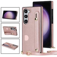 Per Samsung Galaxy S23 + 5G Custodia per telefono quadrata con supporto per cinturino a tracolla (oro rosa)