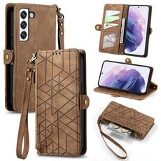 Per Samsung Galaxy S22+ 5G Custodia per cellulare in pelle con cerniera geometrica e fibbia laterale (marrone)