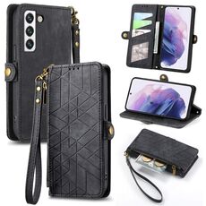 Custodia in pelle per Samsung Galaxy S22 Ultra 5G con cerniera geometrica e fibbia laterale (nero)