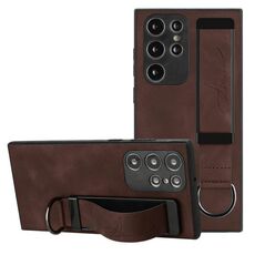 Per Samsung Galaxy S22 Ultra 5G Custodia per cinturino posteriore in pelle con supporto per telefono (caffè)