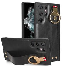 Custodia posteriore in pelle con cinturino per Samsung Galaxy S22 Ultra 5G (nero)