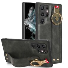 Custodia posteriore in pelle con cinturino per Samsung Galaxy S22 Ultra 5G (verde)