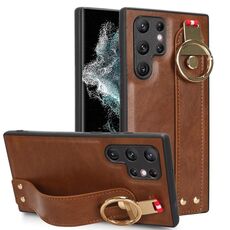 Custodia posteriore in pelle con cinturino per Samsung Galaxy S22 Ultra 5G (marrone)