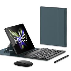 Custodia in pelle per tastiera Bluetooth con regolazione dell'ingranaggio GKK per Samsung Galaxy Z Fold5 con penna + tastiera + mouse + custodia (verde)