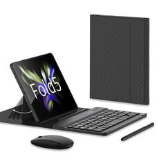 Per Samsung Galaxy Z Fold5 Custodia in pelle per tastiera Bluetooth con regolazione dell'ingranaggio GKK con penna + tastiera + mouse + custodia (fibra di carbonio)