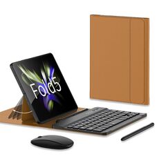 Custodia in pelle per tastiera Bluetooth con regolazione dell'ingranaggio GKK per Samsung Galaxy Z Fold5 con penna + tastiera + mouse + custodia (marrone)