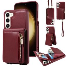 Per Samsung Galaxy S23 + 5G Crossbody Lanyard Zipper Wallet Custodia in pelle per telefono (vino rosso)