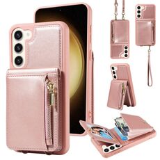 Per Samsung Galaxy S23 + 5G Crossbody Lanyard Zipper Wallet Custodia in pelle per telefono (oro rosa)