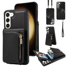Per Samsung Galaxy S23 + 5G Crossbody Lanyard Zipper Wallet Custodia in pelle per telefono (nero)
