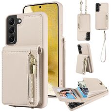 Per Samsung Galaxy S22+ 5G Custodia per cellulare in pelle con cordino con cerniera a tracolla (beige)