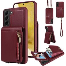 Per Samsung Galaxy S22 + 5G Crossbody Lanyard Zipper Wallet Custodia in pelle per telefono (vino rosso)