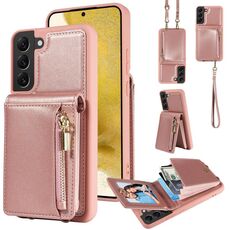 Per Samsung Galaxy S22 + 5G Crossbody Lanyard Zipper Wallet Custodia in pelle per telefono (oro rosa)