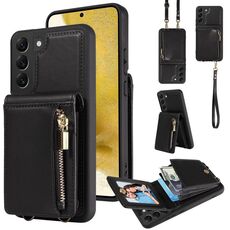 Per Samsung Galaxy S22 + 5G Crossbody Lanyard Zipper Wallet Custodia in pelle per telefono (nero)