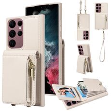 Per Samsung Galaxy S22 Ultra 5G Custodia per cellulare in pelle con cordino con cerniera a tracolla (beige)