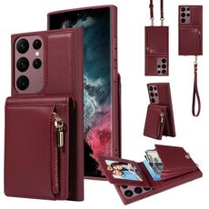 Per Samsung Galaxy S22 Ultra 5G Crossbody Lanyard Zipper Wallet Custodia in pelle per telefono (vino rosso)