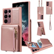Per Samsung Galaxy S22 Ultra 5G Crossbody Lanyard Zipper Wallet Custodia in pelle per telefono (oro rosa)