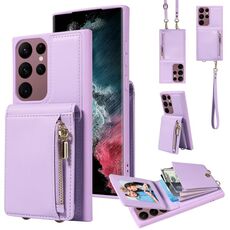 Per Samsung Galaxy S22 Ultra 5G Crossbody Lanyard Zipper Wallet Custodia in pelle per telefono (viola)