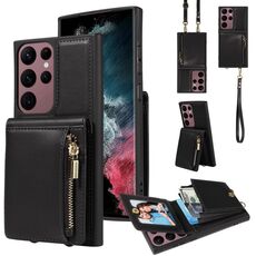 Per Samsung Galaxy S22 Ultra 5G Crossbody Lanyard Zipper Wallet Custodia in pelle per telefono (nero)