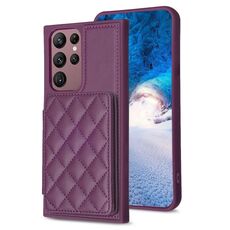 Per Samsung Galaxy S22 Ultra 5G BF25 Custodia per cellulare con supporto per carta scozzese quadrata (viola scuro)