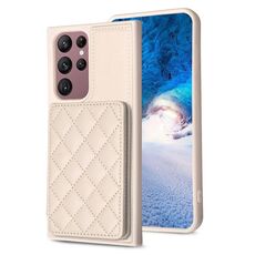 Per Samsung Galaxy S22 Ultra 5G BF25 Custodia per cellulare con supporto per carta scozzese quadrata (beige)