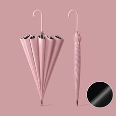 Ombrello doppio uso sole e pioggia con manico lungo automatico da 16 ossa, colore: vinile rosa chiaro