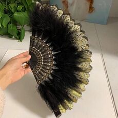 Ventaglio a mano flapper stile vintage Ventaglio di piume di marabù con fiore ricamato (nero)