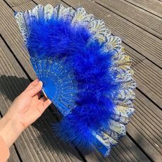 Ventaglio di piume di marabù con fiore ricamato a ventaglio stile vintage (blu reale)