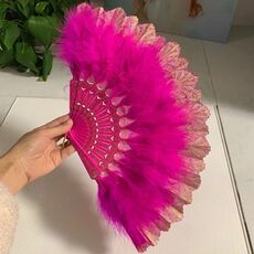 Ventaglio a mano Flapper stile vintage Ventaglio di piume di marabù con fiore ricamato (rosa rossa)