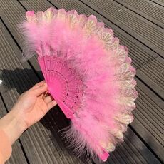 Ventaglio a mano Flapper stile vintage Ventaglio di piume di marabù con fiore ricamato (rosa)