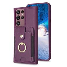 Per Samsung Galaxy S22 Ultra 5G BF27 Custodia per telefono con porta carte di credito ad anello in metallo (viola scuro)