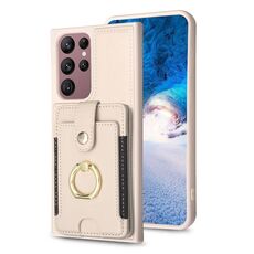 Per Samsung Galaxy S22 Ultra 5G BF27 Custodia per cellulare con porta carte di credito ad anello in metallo (beige)