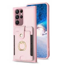 Per Samsung Galaxy S22 Ultra 5G BF27 Custodia per cellulare con porta carte di credito ad anello in metallo (rosa)