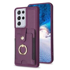 Per Samsung Galaxy S21 Ultra 5G BF27 Custodia per cellulare con porta carte di credito ad anello in metallo (viola scuro)