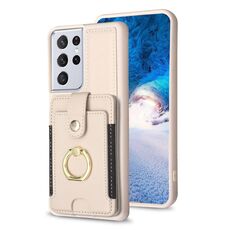 Per Samsung Galaxy S21 Ultra 5G BF27 Custodia per cellulare con porta carte di credito ad anello in metallo (beige)