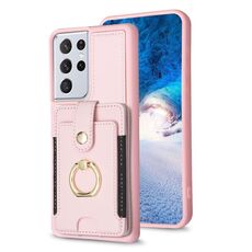 Per Samsung Galaxy S21 Ultra 5G BF27 Custodia per cellulare con porta carte di credito ad anello in metallo (rosa)