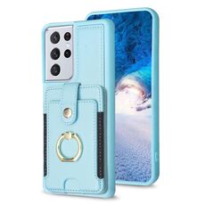 Per Samsung Galaxy S21 Ultra 5G BF27 Custodia per cellulare con porta carte di credito ad anello in metallo (blu)