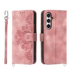 Per Samsung Galaxy S23 FE 5G Custodia a portafoglio in pelle con fiori in rilievo (rosa)