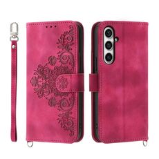 Per Samsung Galaxy S23 FE 5G Custodia a portafoglio in pelle con fiori in rilievo (vino rosso)