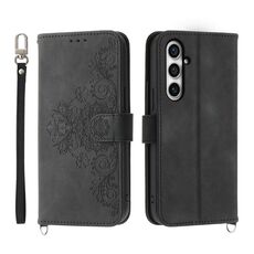 Per Samsung Galaxy S23 FE 5G Custodia a portafoglio in pelle con fiori in rilievo (nero)