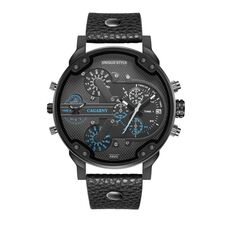 CAGARNY 6820 Orologio da uomo al quarzo con cinturino in pelle blu con doppio movimento (nero)