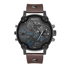 CAGARNY 6820 Orologio da uomo al quarzo con cinturino in pelle blu con doppio movimento (marrone)