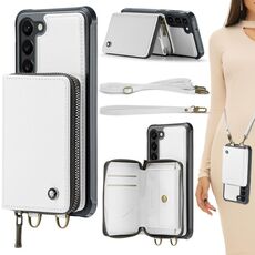 Per Samsung Galaxy S23 5G JEEHOOD Custodia per telefono in pelle con cerniera serie C22 con doppio cordino (bianco)