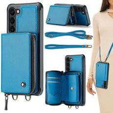 Per Samsung Galaxy S23 5G JEEHOOD C22 Series Custodia a portafoglio in pelle con cerniera con doppio cordino (blu)