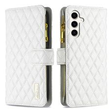 Per Samsung Galaxy S23 FE 5G Diamond Lattice Zipper Wallet Custodia in pelle per telefono a conchiglia (bianca)