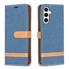 Per Samsung Galaxy S23 FE 5G Custodia per telefono in pelle con texture denim a blocchi di colore (blu scuro)