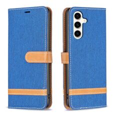 Per Samsung Galaxy S23 FE 5G Custodia per telefono in pelle con texture denim a blocchi di colore (blu reale)