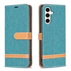 Per Samsung Galaxy S23 FE 5G Custodia per telefono in pelle con texture denim a blocchi di colore (verde)