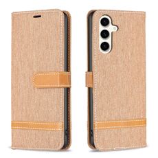 Per Samsung Galaxy S23 FE 5G Custodia per telefono in pelle con texture denim a blocchi di colore (marrone)