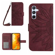 Per Samsung Galaxy S23 FE 5G Skin Feel Sun Flower Custodia a conchiglia in pelle con cordino (rosso vino)